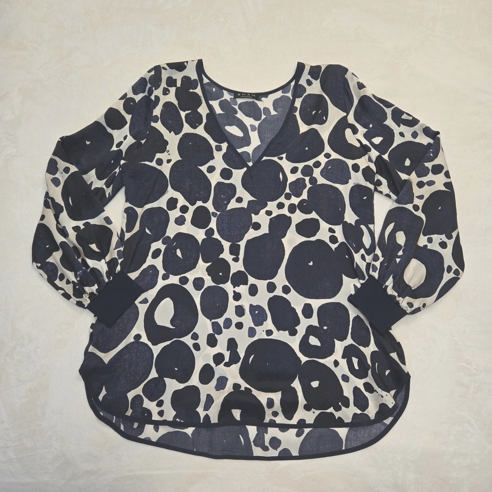 SHAN Silk V-Neck Blouse Navy Cream Abstract Dot Print Bishop Sleeve Canada Sz 12